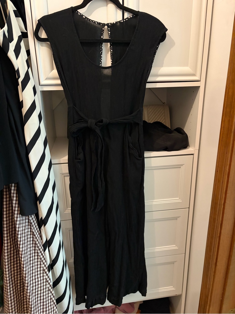 Anthropologie Black Tie-Waist Cap Sleeve Jumpsuit